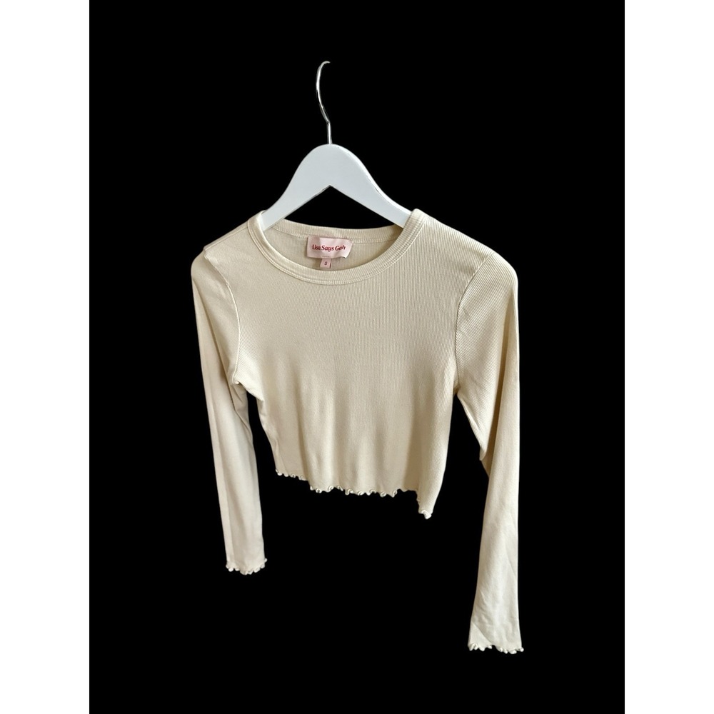 Lisa Says Gah‎ Long Sleeve Crop Top Sz Small Lettuce Trim Beige Neutral - Picture 6 of 9